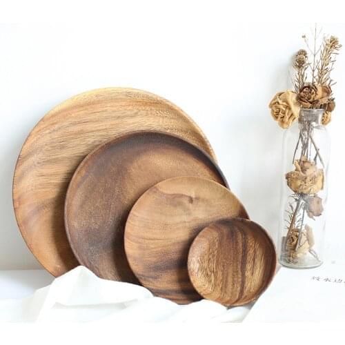 Round Solid Wood Tray Tableware Sets Trinket Dish Set Sushi Fruit Tea Tray Dessert Plates Acacia Wooden Dinner Breakfast Plates