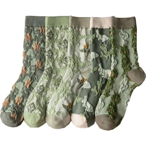 3 Pairs Lot Winter Socks Women Set Lolita Harajuku Green Flower Plants Rabbit 3D Print Japanese Fashion Skateboard Sokken Cute