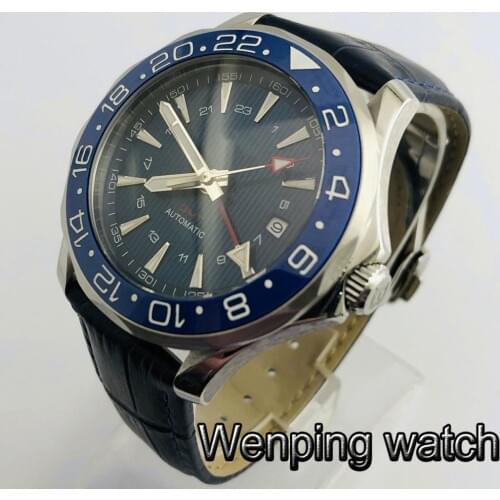 Bliger new 41mm mens top watch sapphire glass ceramics bezel sterile dial GMT date luminous leather automatic watches