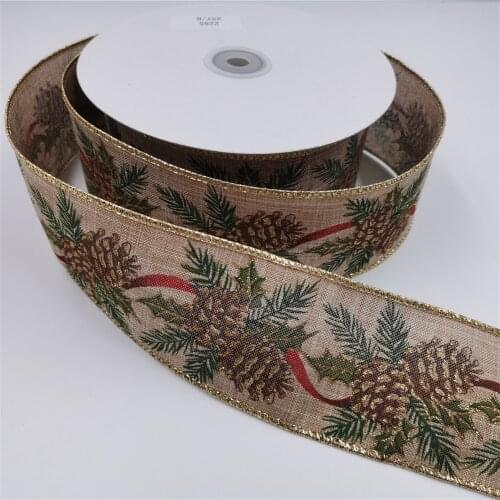 63mm X 25yards Wire Edged Pinecone Christmas Burlap Ribbon for Gift Bow Wrap Tree Wreath Decoration N2285