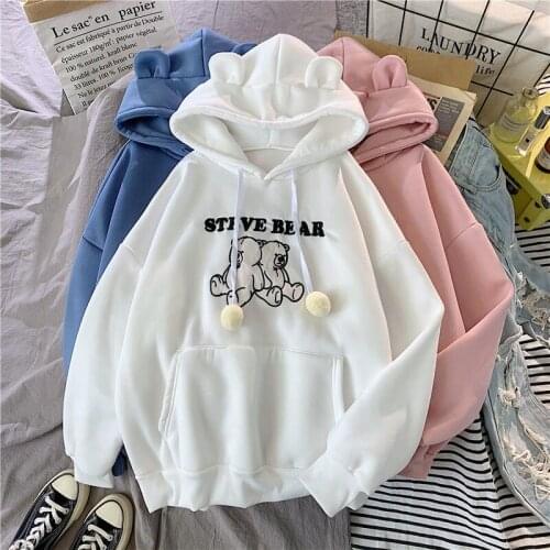 Female New Student Loose Hoodies Cartoon Bear Embroidery Cute Winter Age-reducing Rabbit Ears Plus Velvet Padded Sweatshirt
