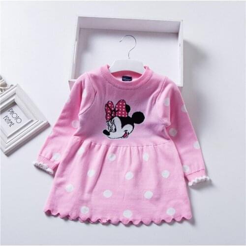 Fall Little Girls Dresses Cartoon Minnie Mouse Embroidery Knitted Sweater Princess Dress Warm Winter Children Costume Vestidos