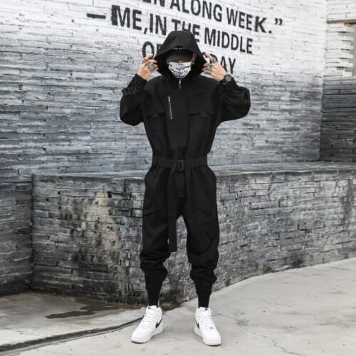 Autumn mens hooded Jumpsuit dark functional style youth pants trendy hairstylist youth work suit