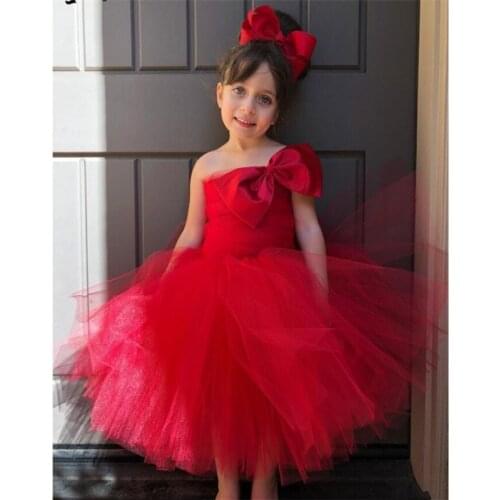 Cute Red Puffy Tulle Flower Girls Dresses Tutu Baby Skirts with Bow Strapless robe de Birthday Party Ball Gown