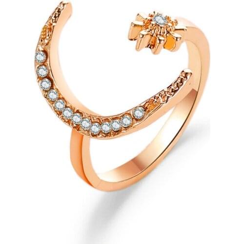Adjustable Crystal Crescent Moon Star Ring Open Rose Gold Silver Color Metal Rhinestone Finger Jewelry For Women Knuckle Rings