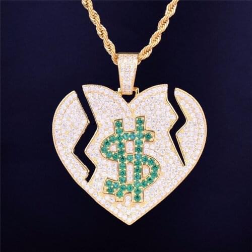 New Iced Out Broken Heart Pendant With Dollar Sign Full Bling Cubic Zircon Luxury Necklace Hip Hop Rapper Jewelry