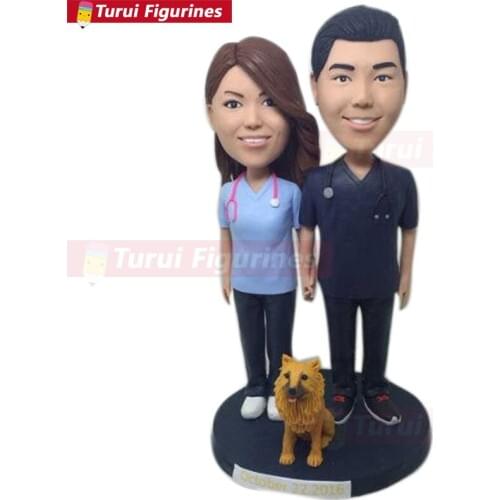 Wedding Cake Topper with dog Custom Personalized Bobble Head Clay Figurine Based on Customers' Photo nurse doctor figurines doll