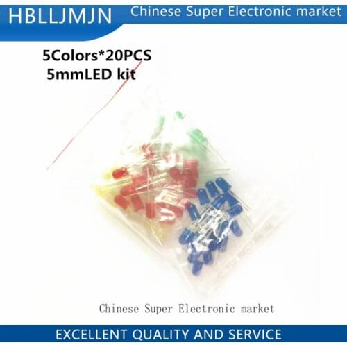 5Colors*20PCS=100PCS 5mm LED Diode Light Assorted Kit Green Blue White Yellow Red COMPONENT DIY kit