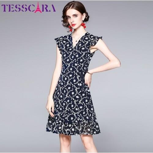 TESSCARA Women Summer Elegant Embroidery Dress Festa High Quality V-Neck Party Robe Femme Vintage Runway Designer Short Vestidos