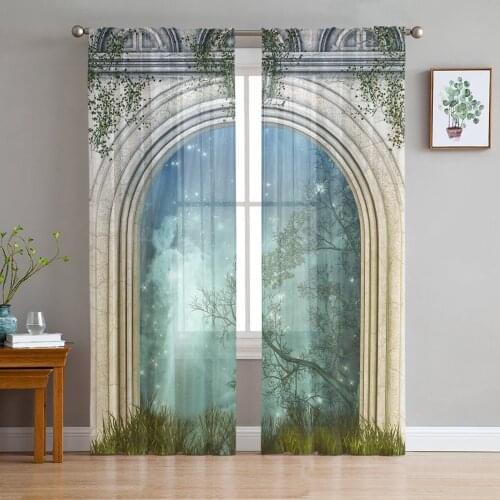 Garden Dream Gate House Tulle Curtains for Living Room Decoration Modern Chiffon Sheer Voile Kitchen Bedroom Window Curtain