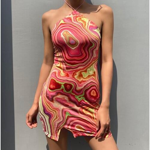 Vintage Paisley Print Mini Bodycon Dress for Women 2021 Summer Sexy Halter Backless Dresses Party Clubwear Beach Dress Vestidos
