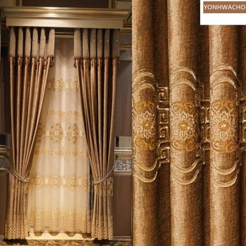 Custom curtain High-class European villa flannel embroidered velvet gold coffee thick cloth blackout curtain tulle panel C634