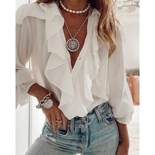 Female Shirt Summer Fall Ruffed V Neck Long Sleeve Loose Casual Style Shirt Blouse Women Solid/Printed Buttons Tops S-XXXL