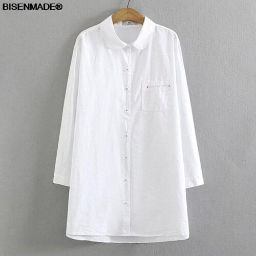Women Clothing Blouses Plus Size 2021 Autumn New Loose Cotton Single Pocket Lapel Long White Shirt 8098