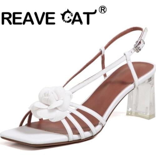 REAVE CAT 2021 Fashion Sandals Open Toe Flower Buckle Strap 6cm Slingbacks Cute Transparent Square Heel US12 Beige Black A4233
