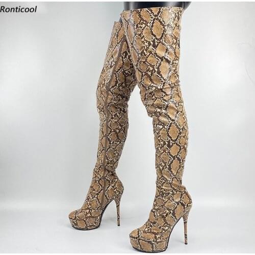 Ronticool Handmade Winter Women Thigh Boots Snake Side Zipper Stiletto Heels Round Toe Sexy Brown Club Shoes Women Us Size 5-20