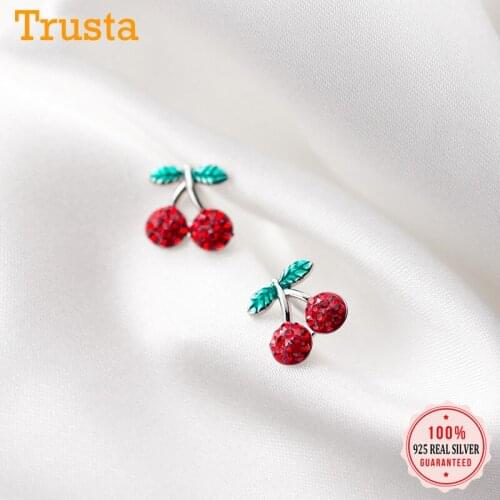Trusta Genuine 925 Sterling Silver Fashion Sweet Red CZ Cherries Stud Earring For Women Wedding Silver 925 Jewelry Gift DA600