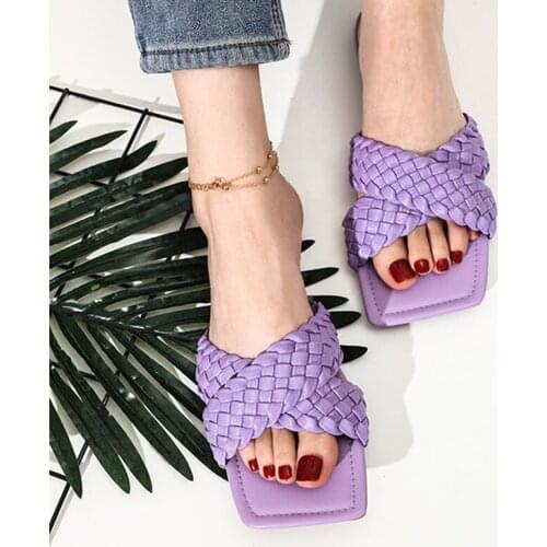 2021 Summer INS Fashion Women Candy Color Plaid Flat Slippers Purple Yellow Low Heels BeachSlides MulesShoesPlusSizemarkdownsale