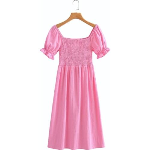 Summer Women Dress For 2021 Elastic Bust High Waist Square Collar Ruffles Slim Spring Autumn Cotton Beach Female Vestido C2658