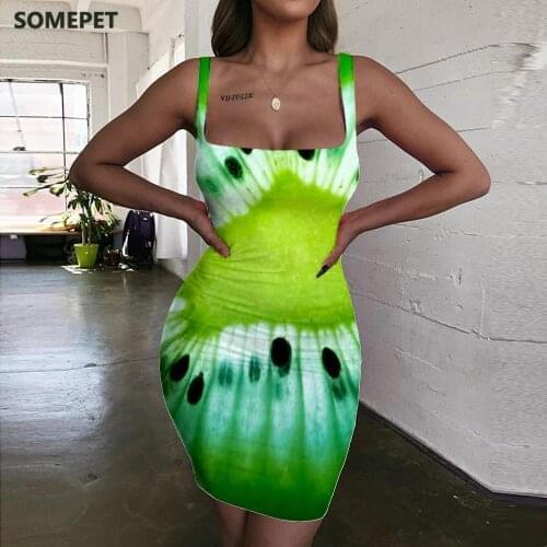 SOMEPET Kiwi Dress Women Fruit 3d Print Dizziness Halter Sleeveless Green Vestido Sexy Womens Clothing Party Short Beach Fashion