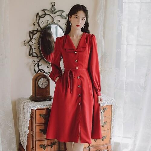 Chic Design Double Lapel Temperament Fashion Red Dresses Robes Single-breasted Chic Korean Vestido Femme Elegant Goddess Dress