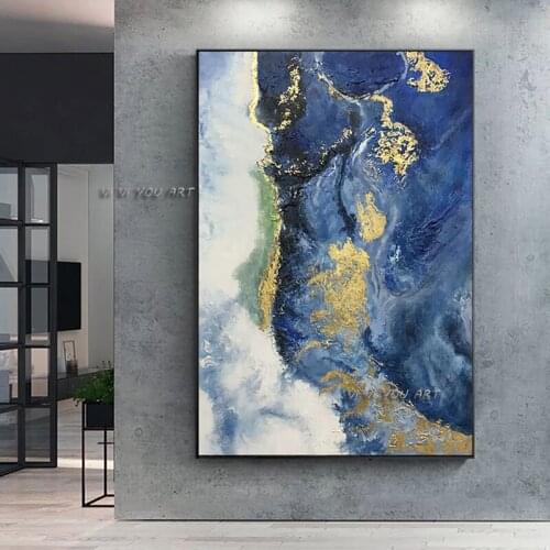 100% Handmade Blue Style Gold Foil Minimalist Abstract Oil Painting Modern On Canvas Wall Art Decorative For Living Room