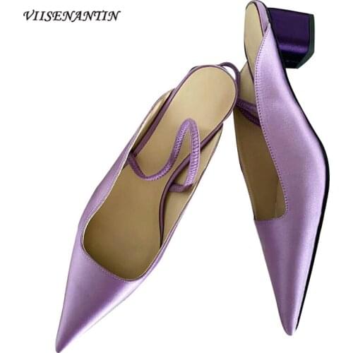 2020 Summer New Back Strap with Temperament Elegant Slippers Women Shoes Thick Heel Pointed Toe Shallow All-match Purple Sandals