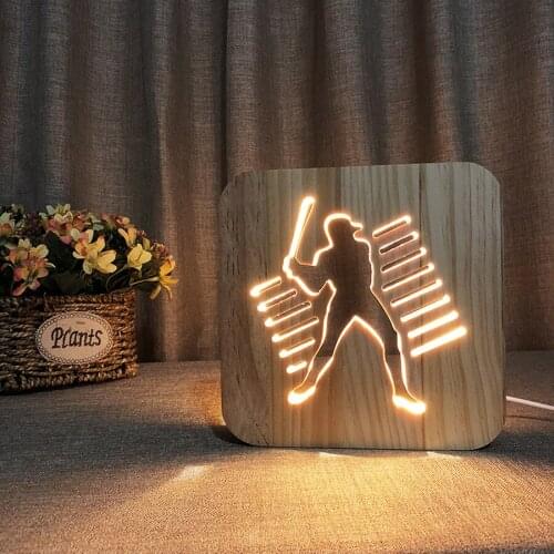 3D Baseball Wooden Carving Night light LED Playing Lampada for Home Bedroom Kids Friend Gifts Lava Lamp Warm White