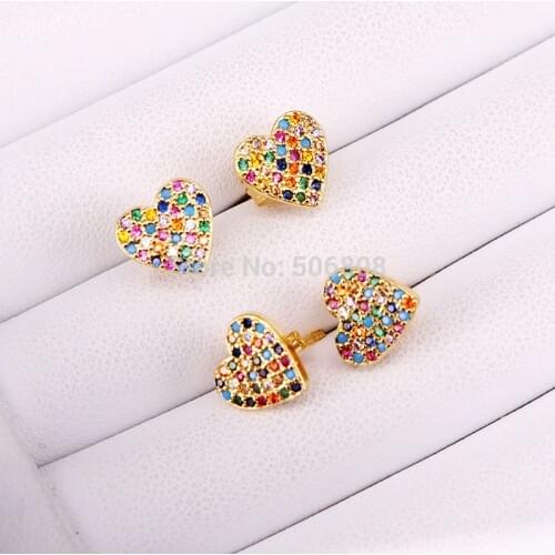 6 Pairs, CZ Micro Pave Heart Stud Earrings, Rainbow Earrings Women Jewelry