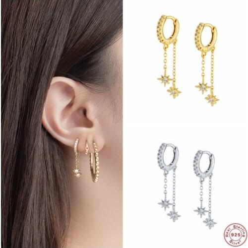 Aide 925 Sterling Silver White Zircon Star Pendant Drop Earrings For Women Luxury Double Chain Tassel Circle Dangle Earrings