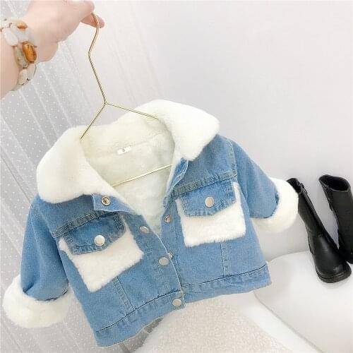 Baby Boys Girls Thick Warm Denim Jacket Winter Turndown Collar Pocket Fleece Lining Kids Fashion Autumn Clothes Outerwear Tops