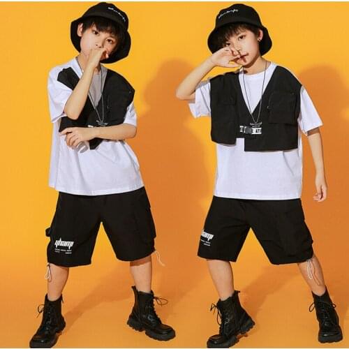 Childrens Loose Short Sleeve White T Shirt Black Shorts Boys Hip Hop Dance Costume Ballroom Dancing Performance Clothing BL6144