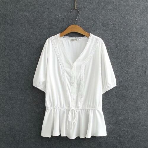 Plus size Lace V neck cotton short sleeve Slim waist women loose t shirts 2020 new summer casual ladies soft solid black tshirts