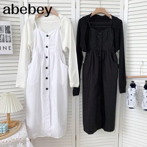 Korean long sleeve short Cardigan Top + single breasted high waist pleated mid-long Dress two piece set 2021 New Spring Autumn