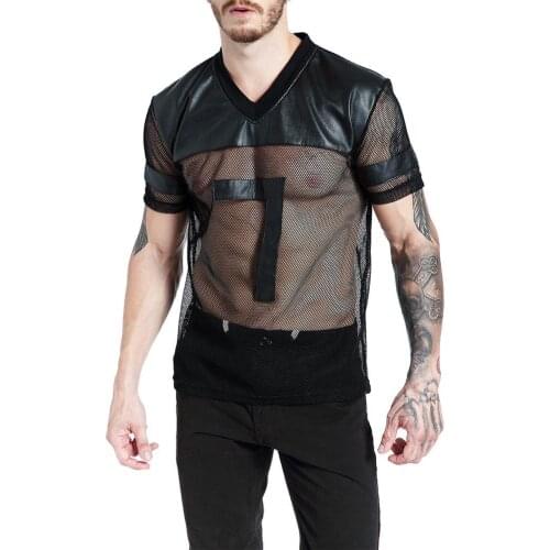 Summer Men Tops Sexy V-Neck Men Short Sleeve Faux Leather Mesh See-through T-shirt Top Mens Clothing жилетка мужская 2021