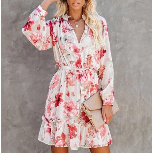 Fashion Sexy Dress Womens Autumn 2021 New Casual Stand-up Collar Button Lace Printed Ruffled Mini Dress