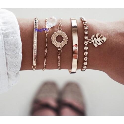 Fashion 5pcs/sets Bohemian Gold Bracelets Charming Hollow Geometry Leaf Stone Bangle for Women Accessories