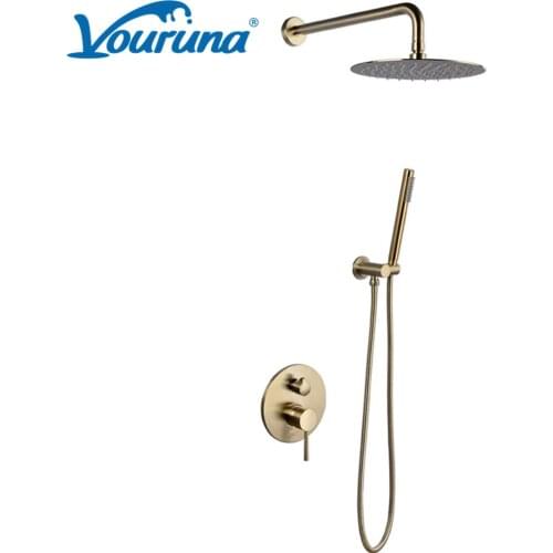 VOURUNA Brushed Golden Shower Set Bathroom In Wall Mounted Bathing Shower System Combination Mixer Faucet