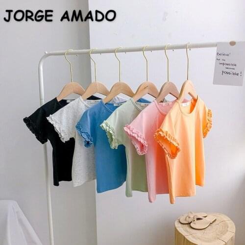 2021 New Summer Kids Girls T-shirts 5-pcs Sets Candy Color Auricularia Auricula Edge Sleeves Thin Top Children Clothes E004