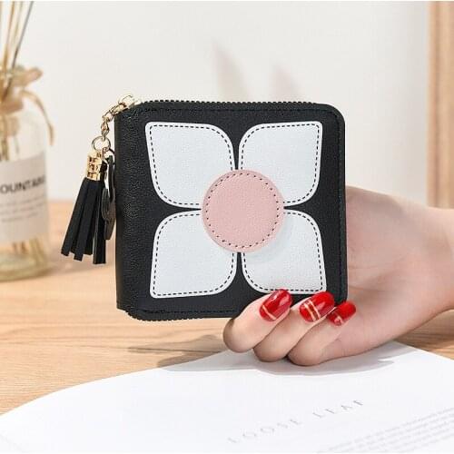 New Leather Coin Purse Women Tassel Pendant Short Wallet Fashion Credit Card Holder Flower Coin Purses Business Zipper Buckle