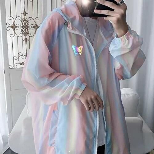 Autumn and winter colorful reflective butterfly sun protection clothing womens hooded jacket top thin coat y2k tops E-girl