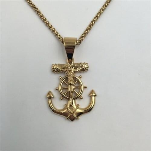 Cross Rudder Anchor Pendant Necklace Gold Plated Jewelry Stainless Steel Navigation Religious Necklacejavascript