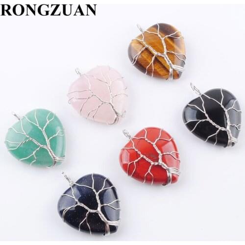 RONGZUAN Natural Golden Sand Black Agates Tigers Eye Gem Stone Heart Bead Tree of Life Wire Wrap Pendant Necklace Chain TBN363