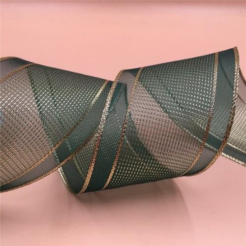 N1065 63mm X 25yards Golden Lines Green Wired Metallic Ribbon. Gift Bow,Wedding,Cake Wrap,Tree Decoration,Wreath