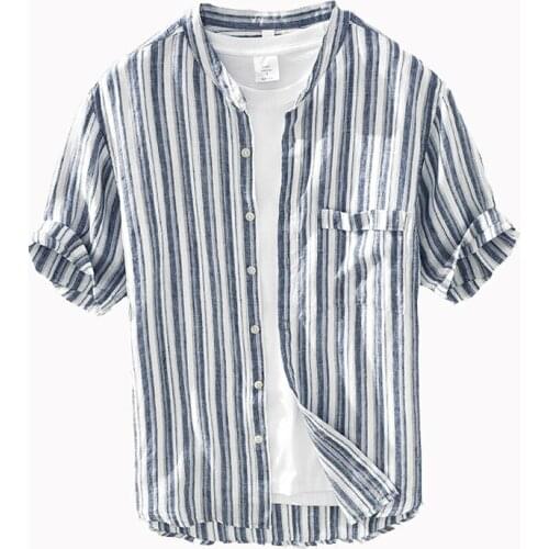 100% Pure Linen Short Sleeve Shirt for Men 2021 Summer New Japan Fashion Tops Male Breathable Vintage Striped Button Up Shirt
