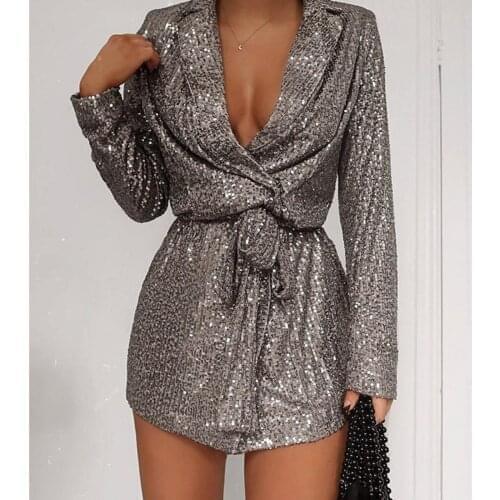BacklakeGirls Sequin Sexy Deep V Neck Long Sleeve Cocktail Dress Shiny Formal Party Suit Mini Dress With Sash Abiti Da Cerimonia
