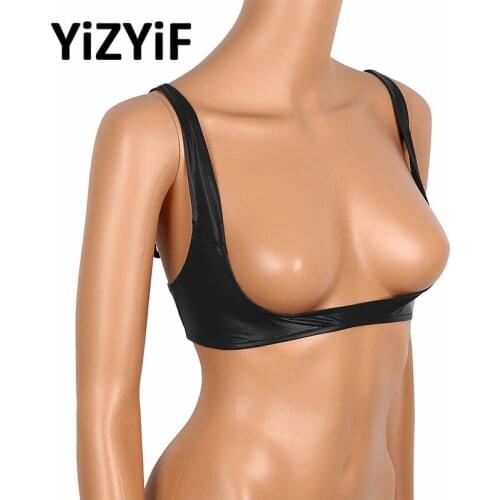 Sexy Open Cup Bra Tops Women Lingerie Faux Leather Adjustable Wire-free Open Cup Shelf Bra Exposed Breasts Nipples Exotic Tanks