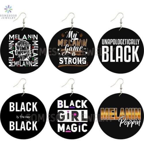 SOMESOOR Black Girl Magic Empower Woman Wooden Drop Earrings Both Sides Printed Strong Melanin Poppin Sayings For Women Giftsr