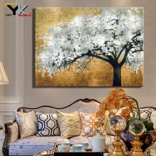 Modern Abstract Oil Painting on Canvas Art Wall Decorative Posters and Printed Golden Trees Pictures for Living Room Home Decor