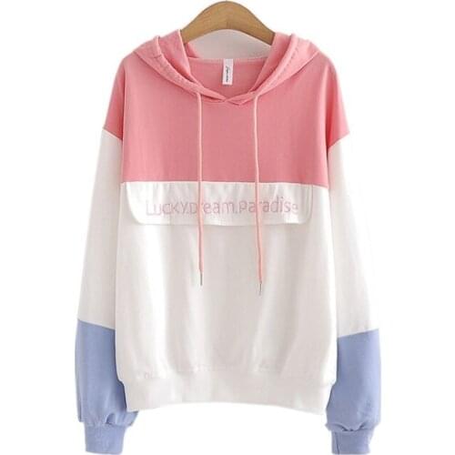 Letter Embroidery Colorblock Hoodies and Hooded Sweatshirt Women 2021 Winter Full Sleeve Korean Fashion Female Drawstring Tops
